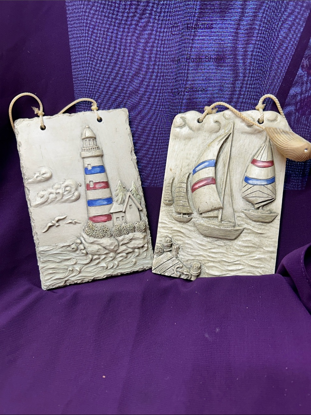 Nautical Relief Wall Plaques - Lighthouse & Sailboats, Blue & Red Accents